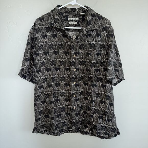 Batik Bay is 100% Silk Men’s Button Up Hawaiian Shirt Size L Brown Geometric - Picture 1 of 7